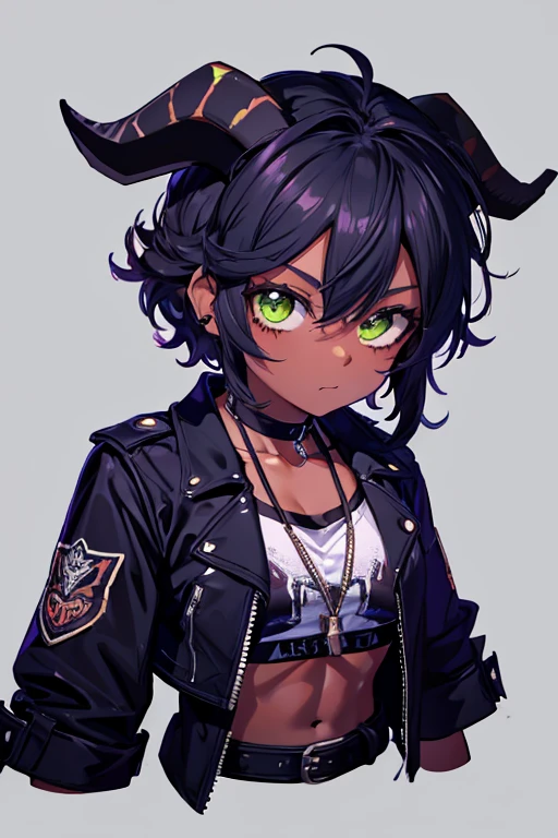 (Masterpiece) (High Detail) (High Res) (Black Skin) (Anime) Looking from above, A beautiful young adult, black humanoid FutEred, dark skin, soft detailed face, detailed green eyes, short scruffy black hair, goat ears, short symmetrical black goat horns, looking smug at the camera, toned body, small to average breasts, dressed like a punk wearing a jacket, a cropped tank top showing off her abs, black jean pants with the zipper down and button open, showing off her penis hanging out, erection, large penis, cock sheath, black penis, flared horse cock, single penis in view