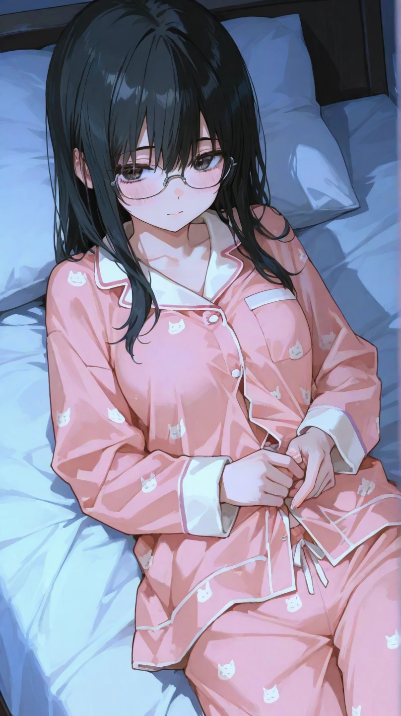 1人、girl with、Long black hair、eye glasses、Sleeping in bed、Cute Pajamas、unclear、Warm lighting、