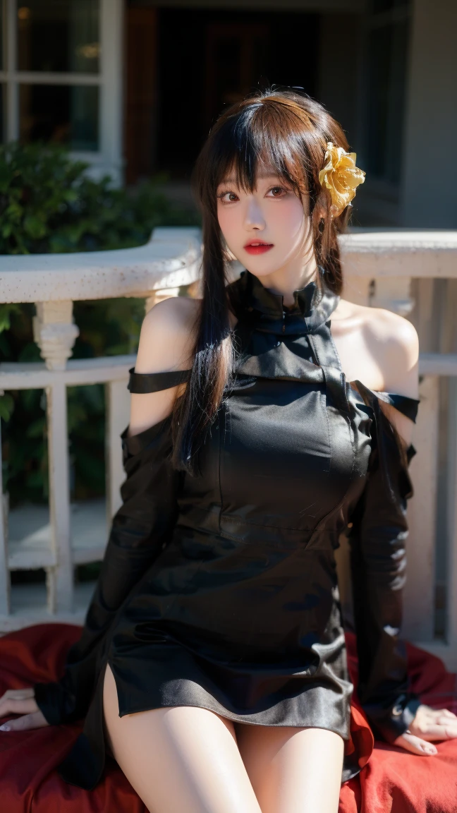 (Highest quality, 4K, masterpiece :1.3), Beautiful woman, Surreal, 1 person,),Ajolf, Side Lock,Short hair and long straight hair, Gold Hair Band, Gold earrings, Gold Hair Ornament, Big Breasts, Exposing shoulders, Black Dress, Double-sided dress with red rose cape, choker, Thigh-high boots, , Fingerless gloves, Thigh-high boots,Slender beauty, (Huge breasts, Attractive body :1.2), Abdominal exercises :1.1, Long black hair 1.1, Highly detailed face, Lip details, Beautiful Eyes, double eyelid, Sexy low neck dress, Open neckline, Twisting waist pose, Visible curves,Muscular, Bent legs, Yugal, masterpiece, Highest quality, High resolution, aaYugalf,Cowboy Shot, Are standing, Looking at the audience, Outdoor, night, (Perfect Anatomy:1.Big Ass, jewelry, Off the shoulder, Black Pantyhose, Cute Smile, Beautiful and bright lighting, Beautiful breasts,Place your hands behind your back,