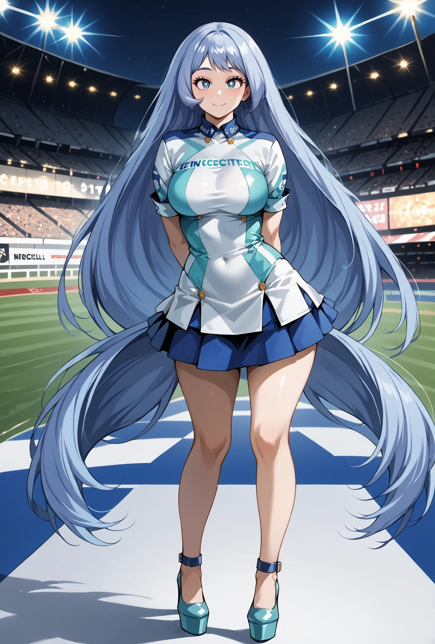 score_9, score_8_up, score_7_up, source_anime, 4K,perfect fingers,(perfect hands, perfect anatomy),prefect lighting, very aesthetic, intricate details,highly detailed background, masterpiece, high quality, best quality,
nejirehadou, nejire hadou, blue eyes, blue hair, long hair, large breasts,,
wearing ((Sexy F1 race queen costume, short skirt, high heels, )),,
Standing, A sagging breast, looking at the spectator, cowboy shot, filed, Arms Behind Back, high thigh individual ,