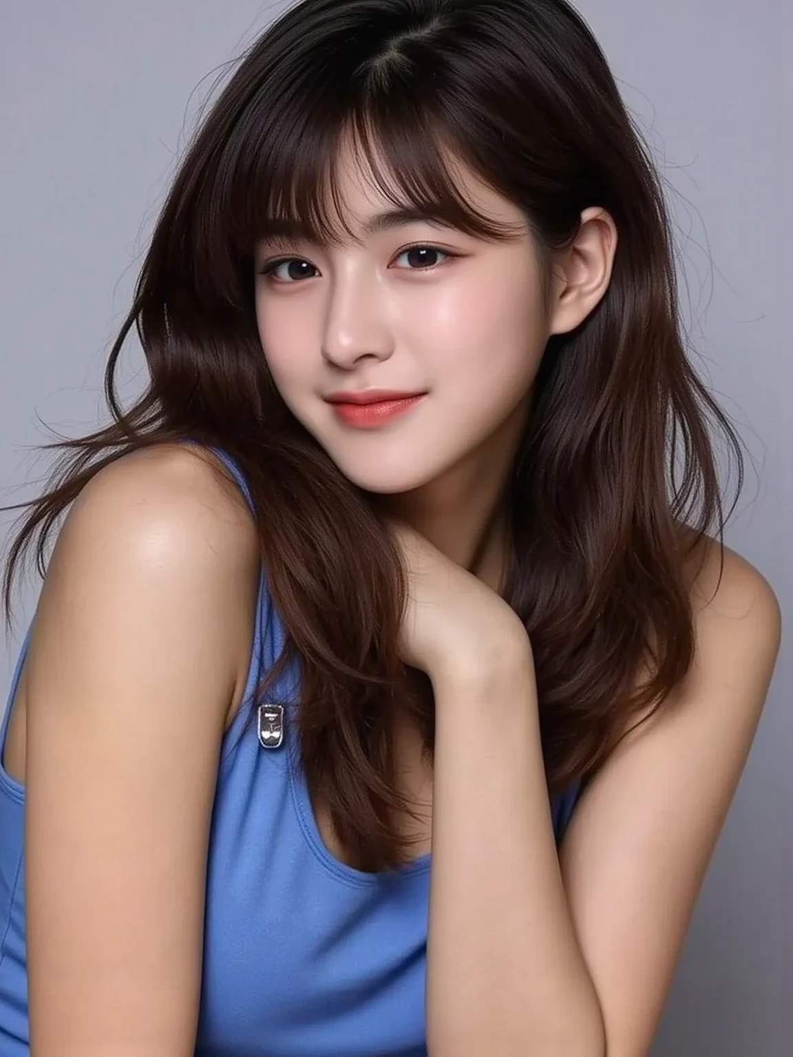 (RAW Photos), (Realistic), (masterpiece), (Highest quality), High resolution, 8K, (Intricate details), (Volumetric Light), Portraiture, woman, 30 years old, Medium Hair, The middle valley, Layered Hair, Brown Hair, Very beautiful eyes, Source order, Very thin eyebrows, Very fine skin, Very beautiful mouth, Very nice nose, Cute like an idol, smile, (Thick lips), (Looking at the audience), (Sexy and elegant navy blue see-through dress), (Full Body Shot), Randomly oriented bodies,
