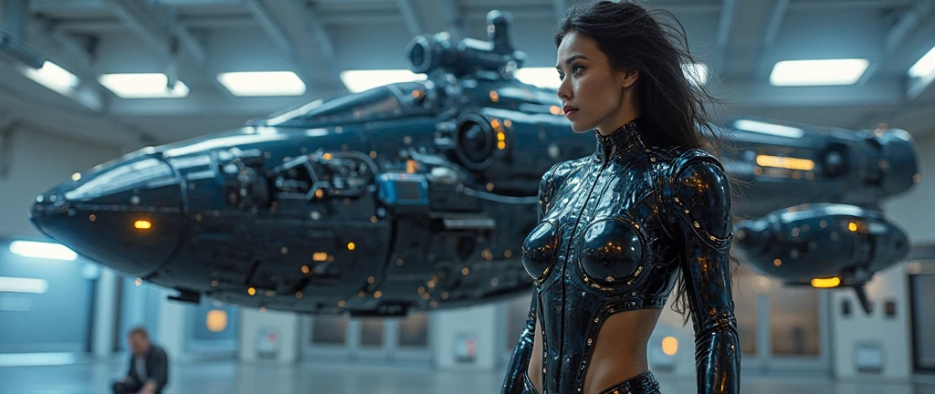 (ultra quality, 4k, 8k, high resolution, masterpiece: 1.2), ultra detailed, (realistic, photorealistic, photorealistic: 1.37) a sexy and beautiful young robot girl on a space station, 8k, ultra detailed, photorealistic, highly detailed, volumetric lighting, extremely detailed face and eyes, long eyelashes, upturned nose, full body, sexy, bare chest, intricate details, concept art, vibrant colors, cinematic lighting, spectacular lighting, science fiction, futuristic, advanced technology, elegant design, seamless integration, meticulously crafted, masterpiece