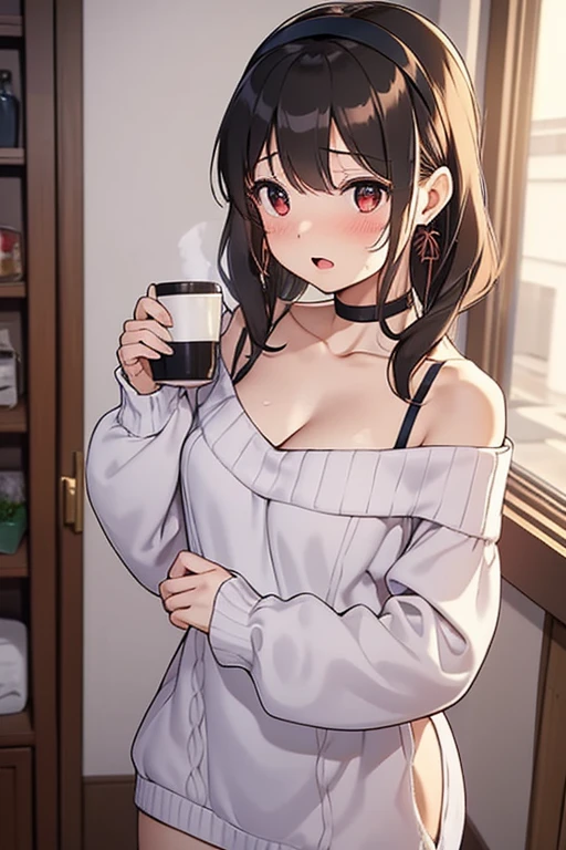 Masterpiece, girl, solo, hair tied up, (((black hair with white highlights))), dark purple eyes, tiny boobs, small boobs, pointy breasts, [pink panties], shirt, oversized shirt, baggy shirt, shirt shaping breasts, shirt covering panties, [nipple], modern house, (living room), couch, sitting on the couch, front, holding cup of coffee, smelling cup of coffee, eyes closed, smiling, relaxing, calm and comfortable girl at home, lewd image, vulgar image,