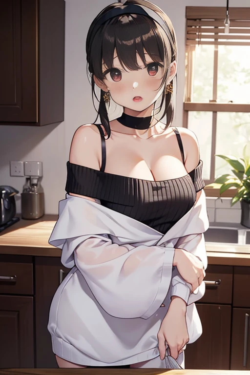 (masterpiece, 最high quality, 超High resolution, Very detailed), (Realistic:1.1, photoRealistic:1.4), Perfect illustration, Perfect lighting,Hair in perfect detail, Perfect and detailed face, Perfect collarbone, Perfect body,Juicy breasts, Perfect Thighs, Beautiful feet, View your viewers, 1 Girl,Perfect Face, (Perfect Anatomy, Anatomically correct), Symmetrical face、((Shiny Hair)),Sexy Body、(masterpiece),(最high quality:1.3),8k,Very clear,(Ultra-realistic),,Captivating woman,(high quality, High resolution, Fine details), Realisticなスタイルの女性,Juicy breasts、One perfect woman、Perfect Face、Symmetrical face、Baby Face、((Big Boobs))、Cleavage、blush、((Juicy lips))、Cowboy Shot、(((Tied up black hair)))、((Large, double-set black eyes、Long eyelashes))、(((Naked but wearing a white apron)))、(indoor、kitchen)