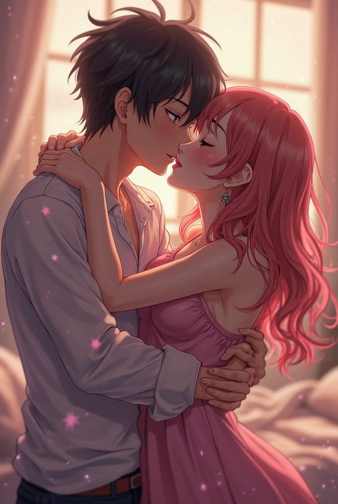 Young boy and woman passionately making out, kissing, lips touching, hugging tight, both blushing intensely, eyes closed, in bed, night time, candles lit