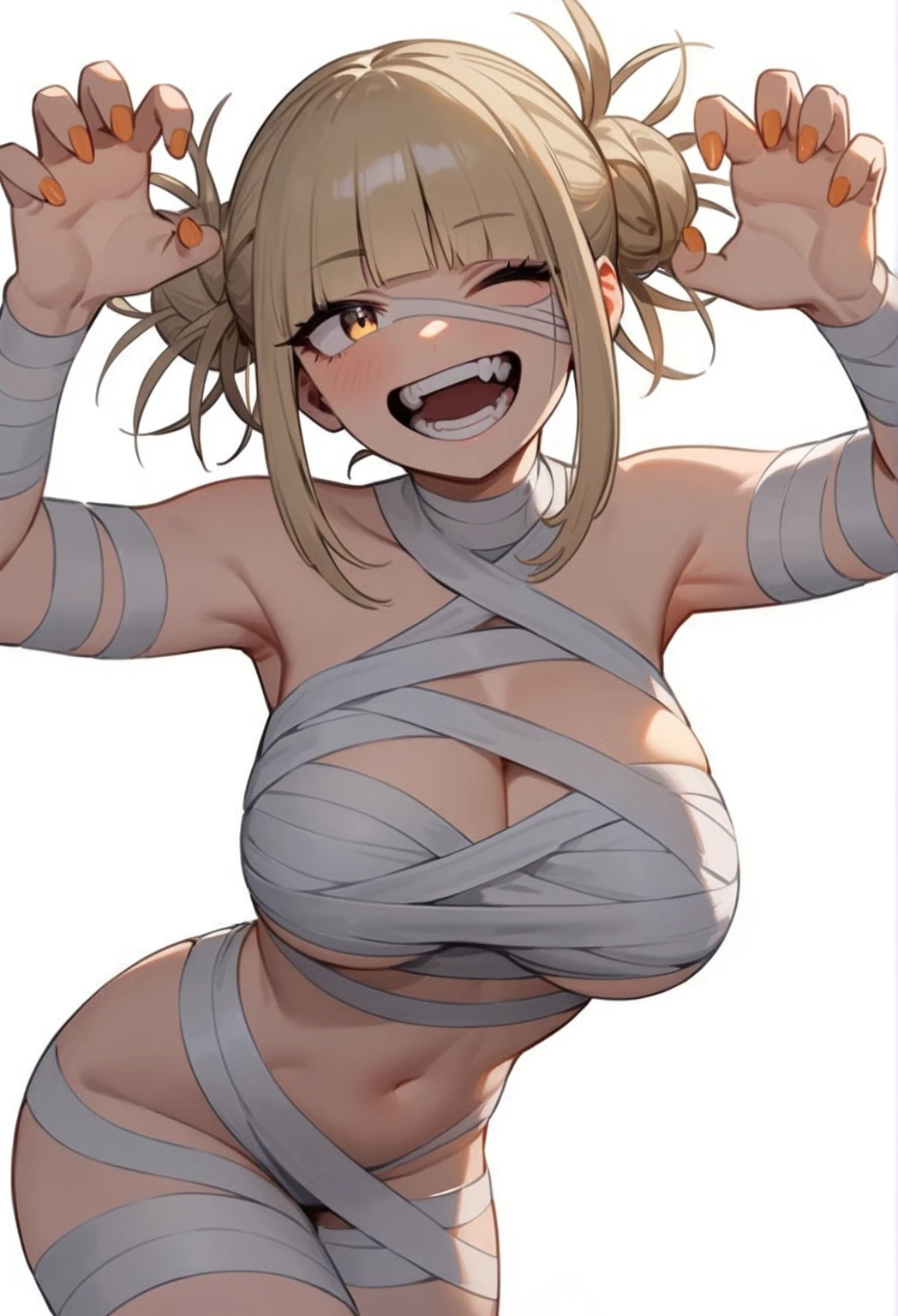 1girl, blind fold, acient, tribal tattos, bandaged boob, musclar