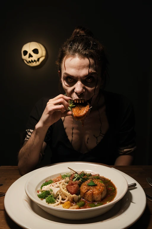 A dish with detailed RAW meat and lots of blood. On the table is a bizarre, scary, creepy doll with terrifying details. She will eat the meat. There are candles lit throughout the scene.