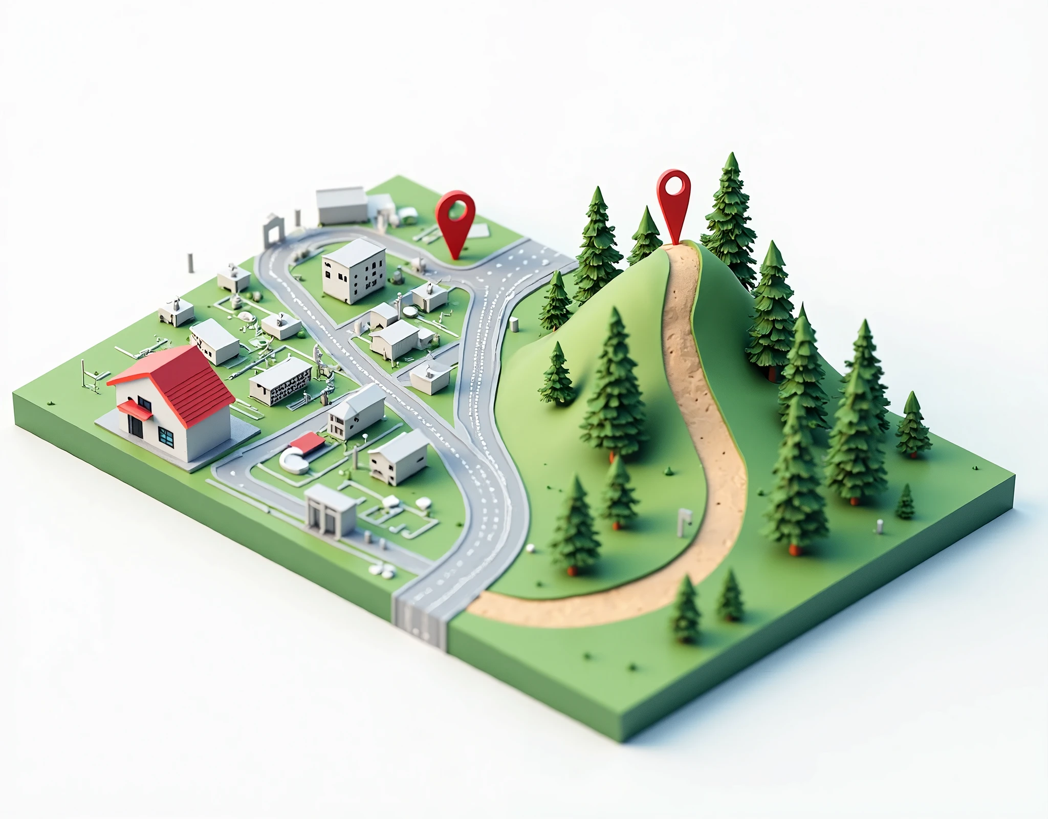 A 3D-rendered, isometric-style dual-map illustration showing a seamless transition from an urban cityscape to a lush mountainous region. On the left side, a detailed city map features a small suburban house with a simple human icon standing nearby, marking the starting point. The city includes modern buildings, roads, and a curved highway leading toward the countryside. As the road exits the city, it transforms into a winding path that connects to the natural terrain on the right side. The right half showcases a vibrant green hill with dense pine trees, a winding dirt hiking trail leading up to the peak, and a red location pin marking the destination. The map is visually clean, modern, and floating on a plain white background, with smooth textures, soft shadows, and a balanced isometric perspective that unites both environments seamlessly.