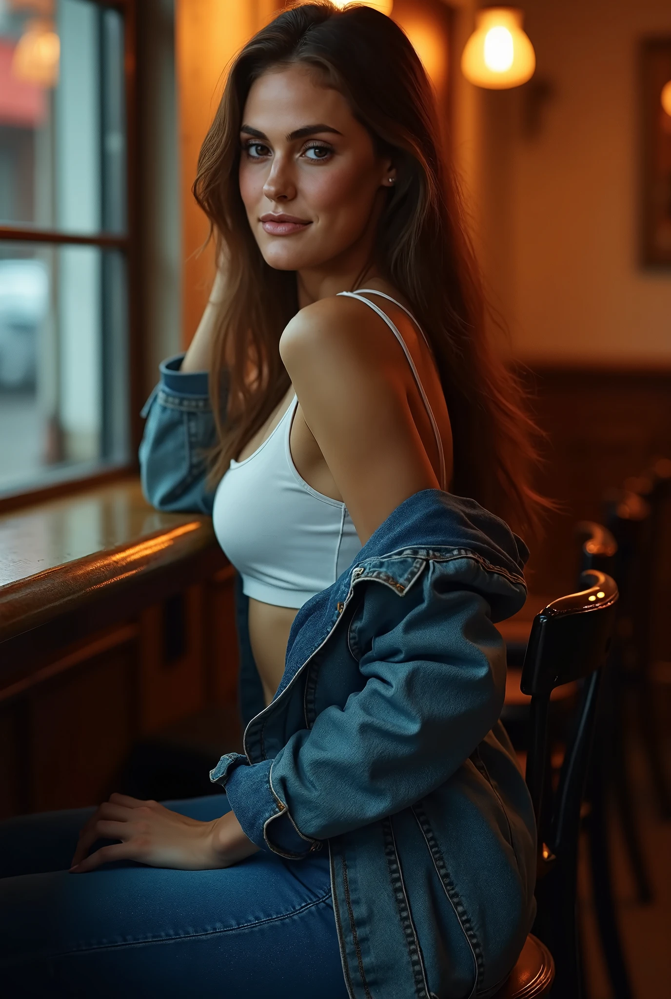 professional portrait photograph of a gorgeous 25years old women, sexy curve body(big breast), cute natural makeup, wearing casual ((blue blouse)) t-shirts and tight jeans, (nike sneakers), many people((sitting in a chair at nights in the streets market)), ultra realistic, sexy elegant, highly detailed, intricate, sharp focus((full body)), depth of field, f/1. 8, 85mm, medium shot, mid shot, (((professionally color graded))), bright soft diffused light, (volumetric fog), trending on tiktok, hdr 4k, 8k