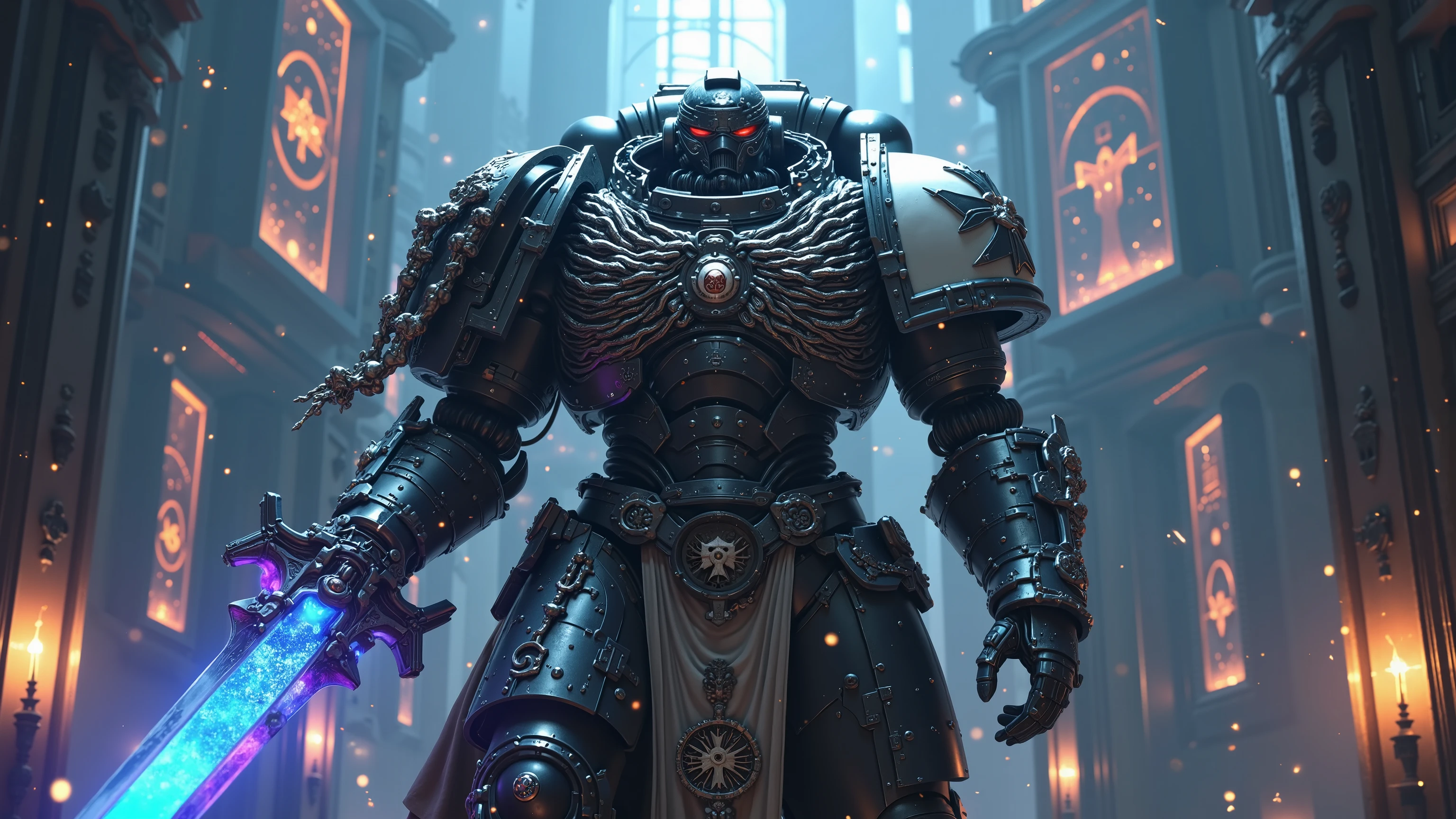 A towering, post-human futuristic space marine representing the ideology of Transhumanism, advancing through a cathedral of synthetic evolution, dramatic atmosphere, 1 male
He stands over 9 feet tall, encased in biomechanical exo-armor grown from a fusion of reinforced alloy and living synthetic muscle. His massive frame pulses with strength — black and chrome plates shift with hydraulic power. Translucent energy veins run across his chest and limbs, glowing in hues of blue and violet. The chestplate features an evolving DNA spiral emerging from a glowing AI core, crowned with radiant cyber-symbols.
His helmet is half-retracted, revealing a partly organic, partly cybernetic face with a glowing eye, embedded sensory arrays, and neural ports. His jawline is reinforced with alloy bone plating. Dozens of nanowire dreadlocks feed into a massive cyber-core on his back, which levitates with a magnetic field and spins slowly like a personal server-halo.
In his right hand, he wields a colossal morphing blade — a living techno-sword of shifting liquid metal and circuit-fire. His left arm is bulkier, formed into a cyber-shield bearing moving neural glyphs and protective AI firewalls. His movements cause tremors — he is evolution forged into steel.
The background is a massive techno-temple of transformation — data trees, floating bio-spheres, nanite clouds drifting above, and post-human monks glowing with light. Massive holograms of the human brain and AI merge mid-air as others kneel to ascend.
Shows full body, extremely massive and dominating silhouette, fusion of biological and artificial perfection, armor that embodies transcendence beyond flesh
Photorealistic, masterpiece, realistic, high contrast, cinematic lighting, 8k, ultra detailed armor textures, best quality, ultra high resolution, no text, hyper realism, dramatic shadows