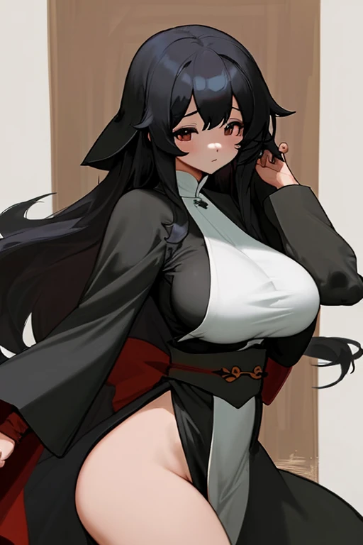(masterpiece, best quality, high resolution, (pokemon style) ((huge breasts)) 1 ghost girl with very long black hair covering her face, white long-sleeved tunics of a full-body ghost, ((white background,)) , ((full body standing)),
