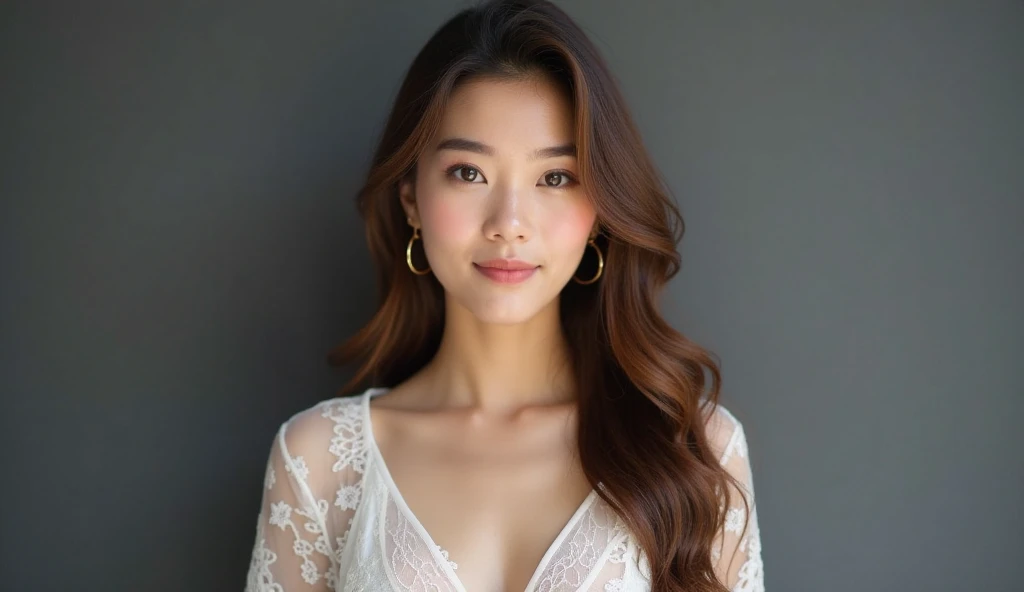 White bra, highest quality, Realistic, Very detailed, In detail, High resolution, 8k wallpaper, One beautiful woman,, Light brown messy hair, g-string, Sharp focus, Perfect dynamic composition, Beautiful fine details, Fine hair, Detailed and realistic skin texture, smile, Close-up portrait, Model Body Type, red lipstick, sensual Lipstick , halbody, girl in centre