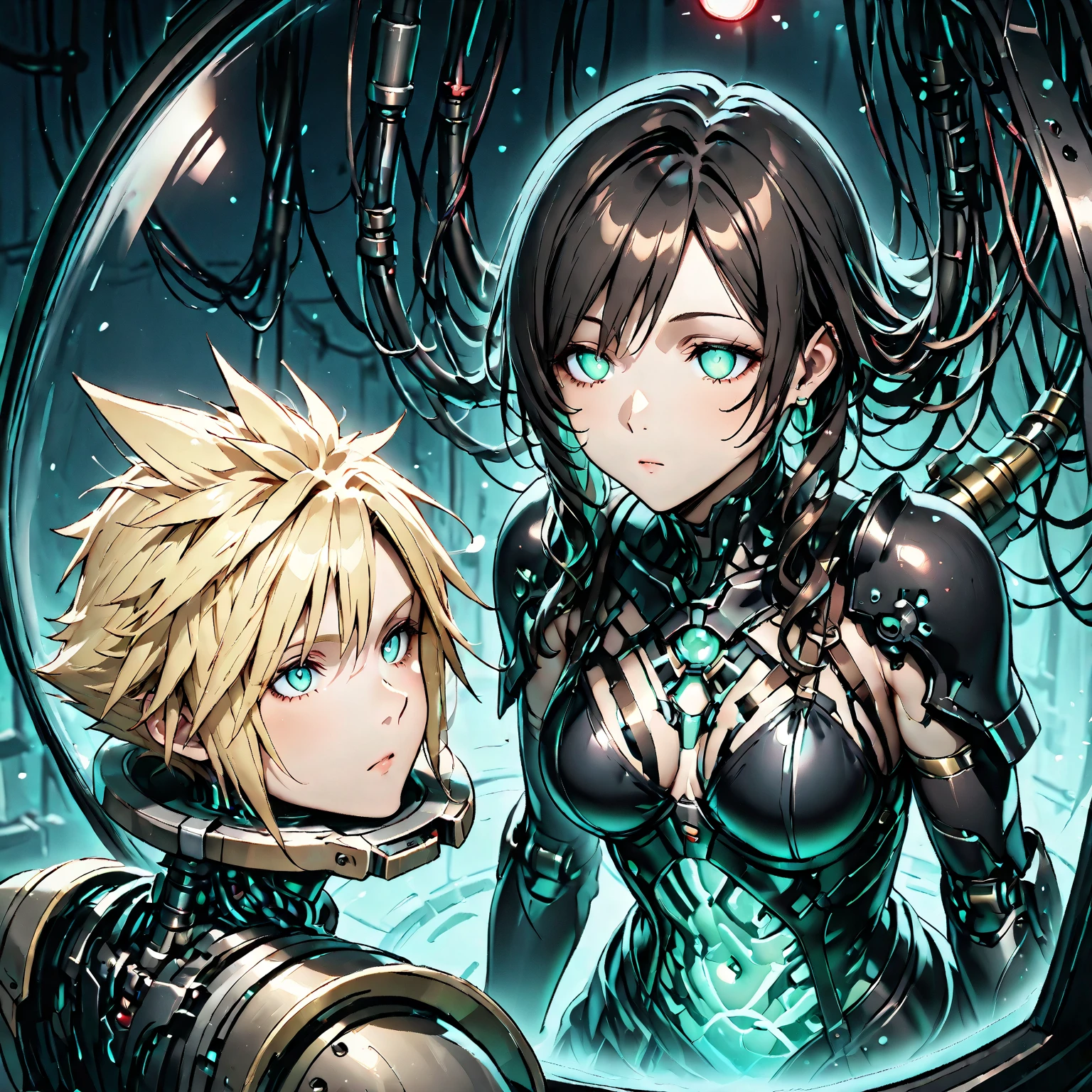 Well-equipped mecha dragon，Thunder and Lightning Dragon，Girls have robotic arms，Background version dark cave black hole dark cave。Space-time black holes，worm hole