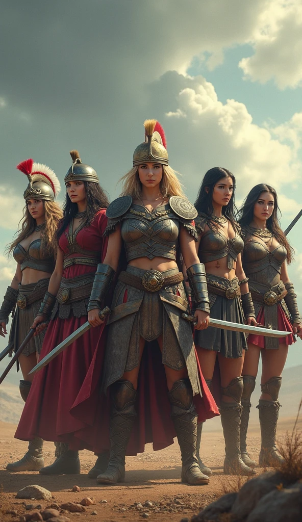 Black-haired Zendaya, red-haired Michelle Pfeiffer, and four-month-pregnant blonde-haired Jennifer Lawrence are three Amazonian women, all tanned slender beautiful prehistoric women, with large breasts, dressed half-naked in small short loincloths from 10000000 years ago. They stand, armed with a wooden spear, at the edge of a wildly flowing river that they must cross. They stand ready to defend themselves.
Translated with www.DeepL.com/Translator (free version)