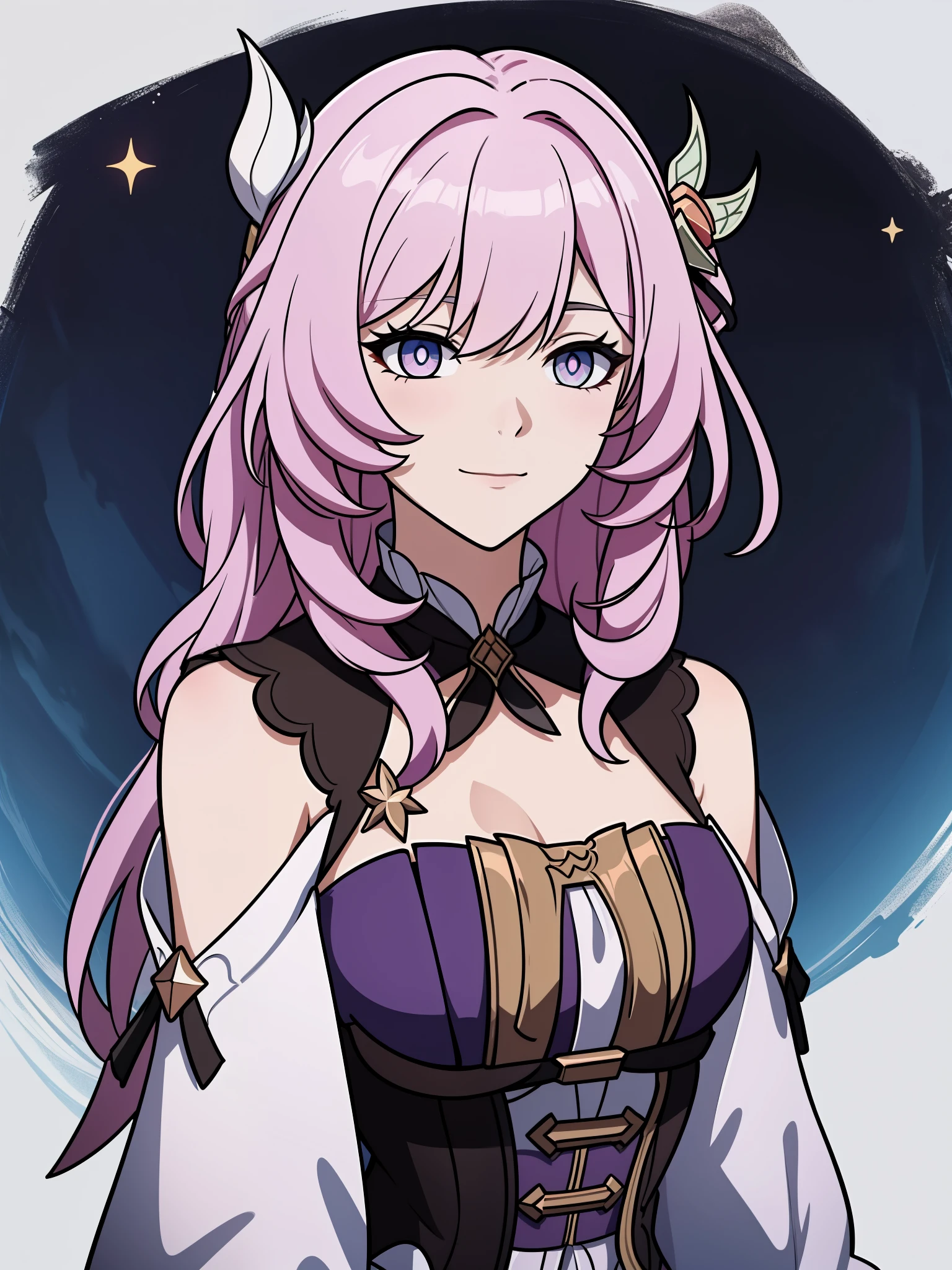 (high-quality, breathtaking),(expressive eyes, perfect face) portrait, 1girl, female, solo, young , pink hair, blue eye color, medium hair length, soft wavy hair, gentle smile, loose hair, side bangs, looking at viewer, portrait, upperbody, happy expression, ribbon in hair, flower in hair, fantasy clothing, elegant, mature, height 4"3, adventurer attire, warlock attire, warlock profession, short height, Dungeons & Dragons character, jacket, dress, Firefly Honkai Star Rail Character, hair ornament,hair flower,red flower,red rose, thorns,vines,shoulder cutout,

