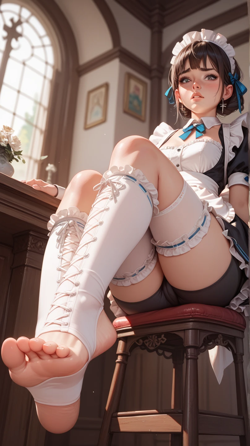 White gradient background ((full body)) ( detailed light blue eyes) detailed face, highly Filtering,, 1个small Girl,anatomy correct,cats-shaped headdress, short hair, tween tail blonde hair, ssmile,cats white costume clothes, (see-through clothes :1.2) , white pantyh( squatting legs with paw pose:1.3), ( Wearing cats shaped costume on feet with ribbon ), Small-shaped legs, Jewelry feet, ,perfectly proportions,extremelydetailedface,(Best quality at best,high detal,tmasterpiece,offcial art,movie light effect,4K)