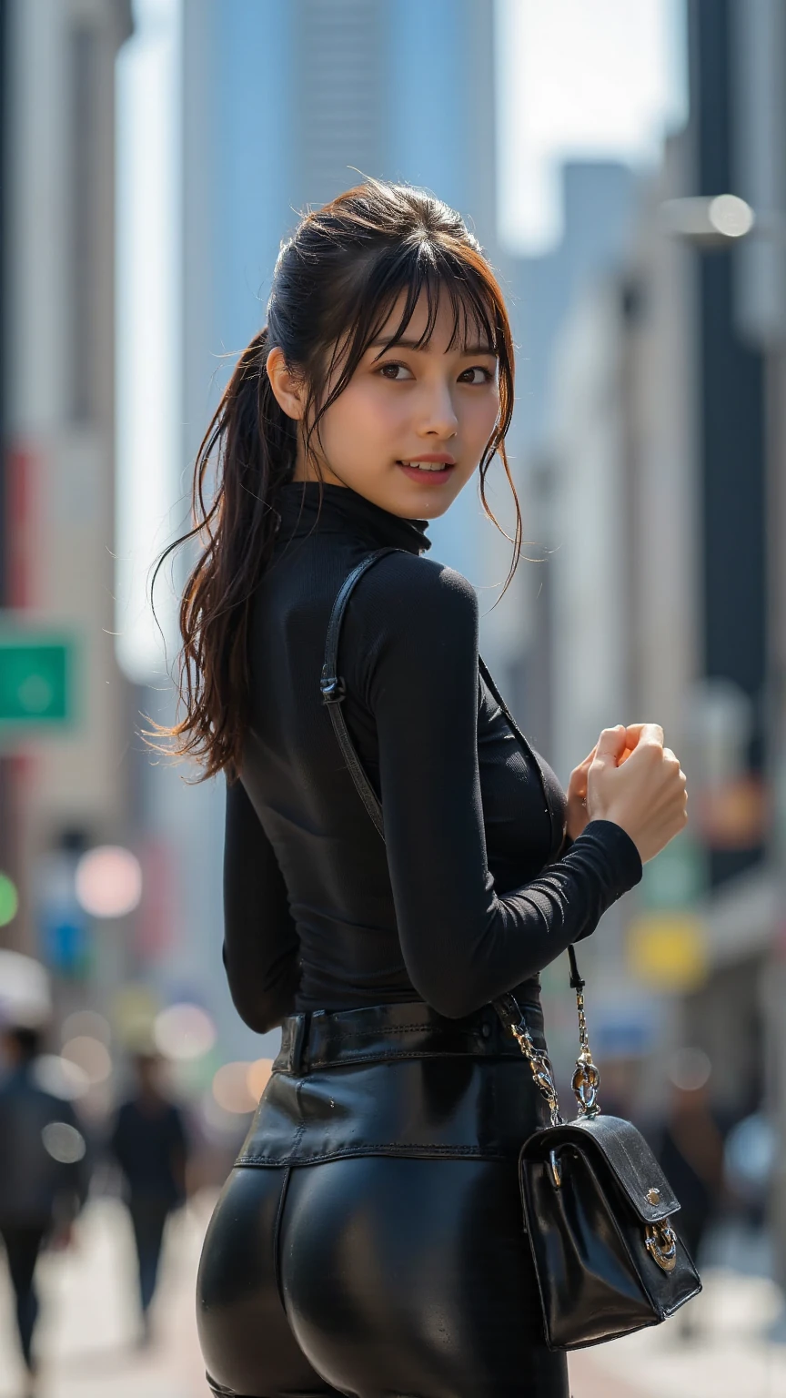 (8k, RAW Photos, Highest quality, masterpiece:1.2), (Realistic, photo-Realistic:1.4), (Highly detailed 8K wallpapers), ((Full Body Shot)), (1 girl), Sharp focus, Depth of written boundary, Cinematic lighting, Soft Light, 緻密な美しさのeye, eye_Chan, Very beautiful 17 year old girl, innocent big eyes, Realistic, photo Realistic, Highly detailed cute girl, (Thin thighs), (Model body type), 18-year-old, ((Khaki flight jacket)), (T-Shirts), (Black color micro mini tight skirt), (((Fold your arms in front of your chest and act arrogantly))), ((A happy smile)), Parted lips, Watching the audience, (On the streets of Tokyo) , (Brown Hair),(Semi-long hair)