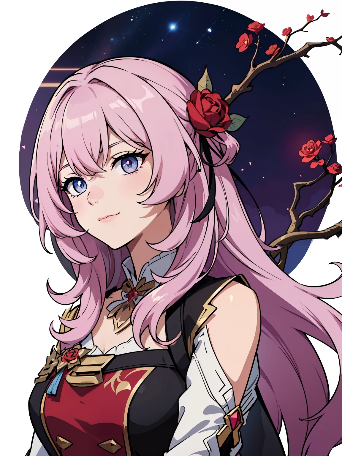 (high-quality, breathtaking),(expressive eyes, perfect face) portrait, 1girl, female, solo, young , pink hair, blue eye color, medium hair length, soft wavy hair, gentle smile, loose hair, side bangs, looking at viewer, portrait, upperbody, happy expression, ribbon in hair, flower in hair, fantasy clothing, elegant, mature, height 4"3, adventurer attire, warlock attire, warlock profession, short height, Dungeons & Dragons character, jacket, dress, Firefly Honkai Star Rail Character, hair ornament,hair flower,red flower,red rose, thorns,vines,shoulder cutout,