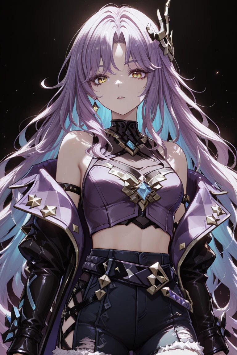 Pettite, cute, li girl, female with long purple hair, dark shadow city background, full character, dark skin with glowing tattoos