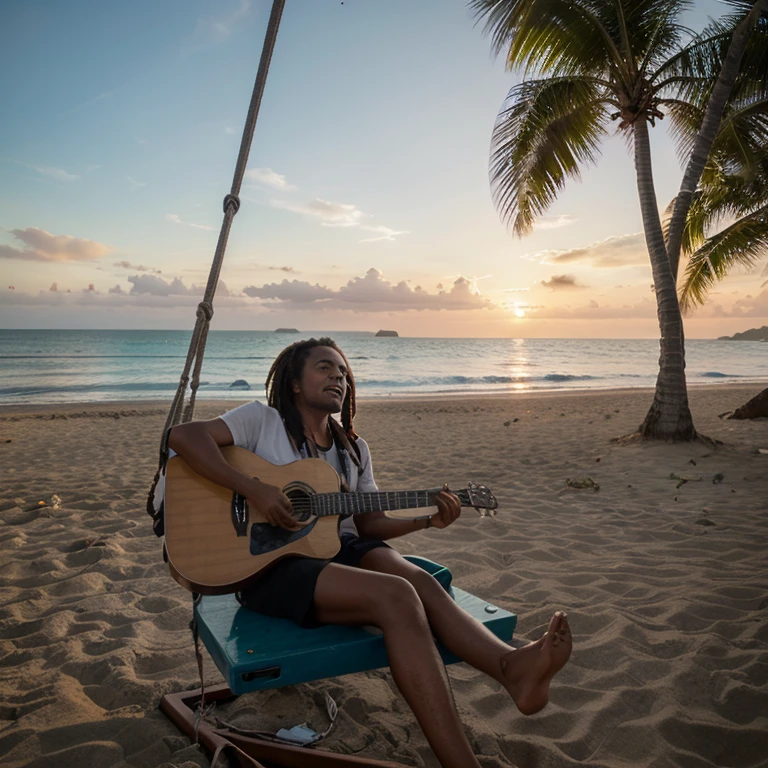 A captivating low angle shot shot photograph of a beautiful young woman with long, braided hair, and a sunglasses over her hair, rasta style, playing an acoustic guitar with lots of stickers on it, at Jamaican village by the sea with morning sky background. Her cozy scene exudes warmth and comfort, with a soft glow emanating from the sunrise. The flowing colourful blouse and denim pants she wears adds an ethereal touch to the scene, contrasting with the beach sand. Her gentle gaze meets the viewer's eye, inviting them into her tranquil and introspective moment. The 3/4 perspective view of the photograph adds depth and dimension to the intimate scene., photo