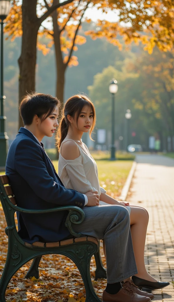 A Korean woman and man are sitting on a bench and holding hands, sakura, pretty and handsome couple, 8K, morning, quiet park, a horizontal road