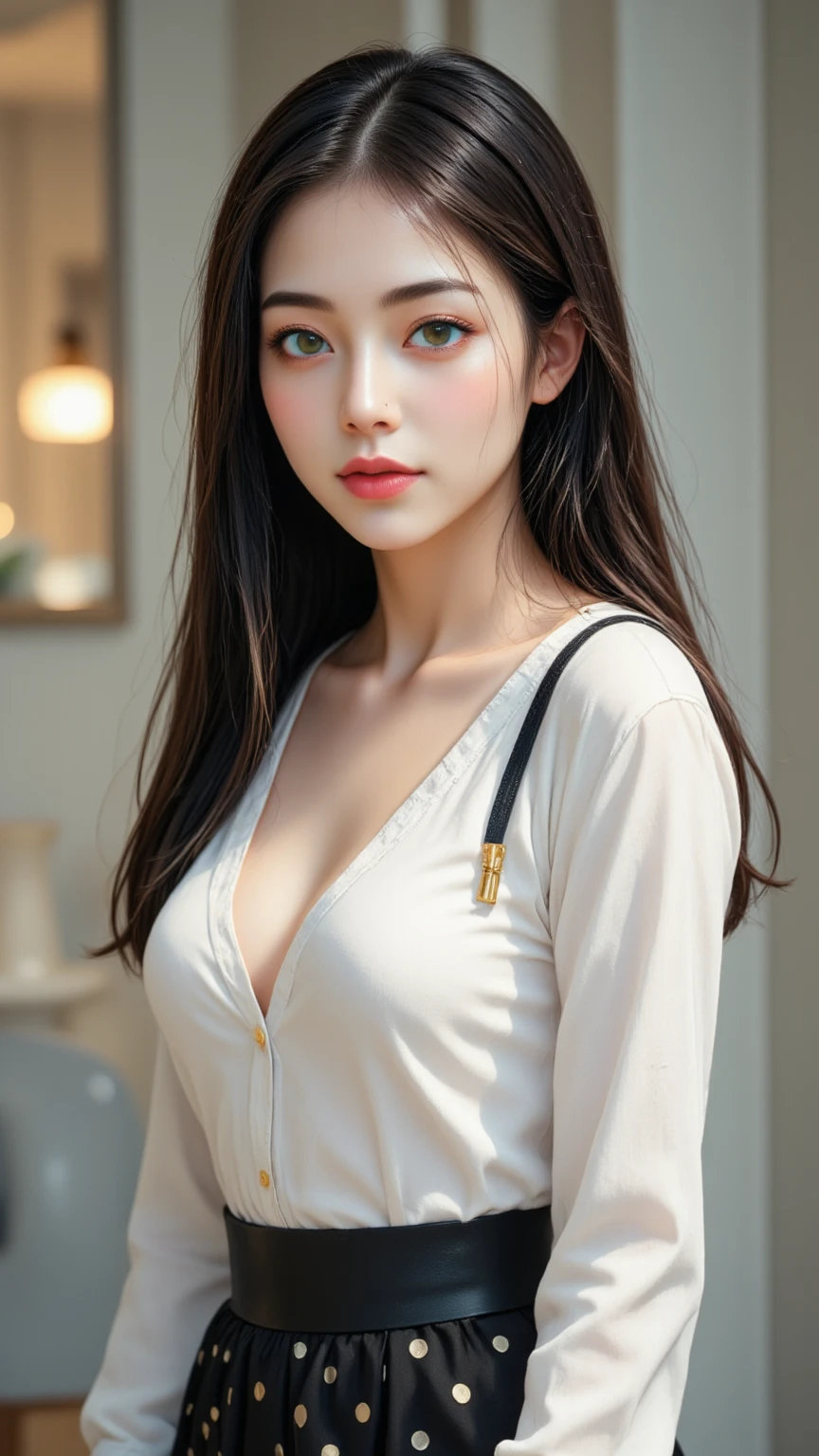 A futuristic portrait of existence, Capture creatures using high-speed camera technology, Emphasize its smooth form, And create the perfect blend of simple compositions against a clean background. High-end designs are implemented in Unreal Engine, (best qualtiy, A high resolution, tmasterpiece:1.3), A skinny and beautiful Japanese woman, Slender abs, Dark brown hair in loose wavy styling, medium breasts, very thin waist, Wear a pendant, white button-down blouse without bra, a black skirt, Beautifully rendered details in face and skin textures, Detailed eyes, alone in a photo