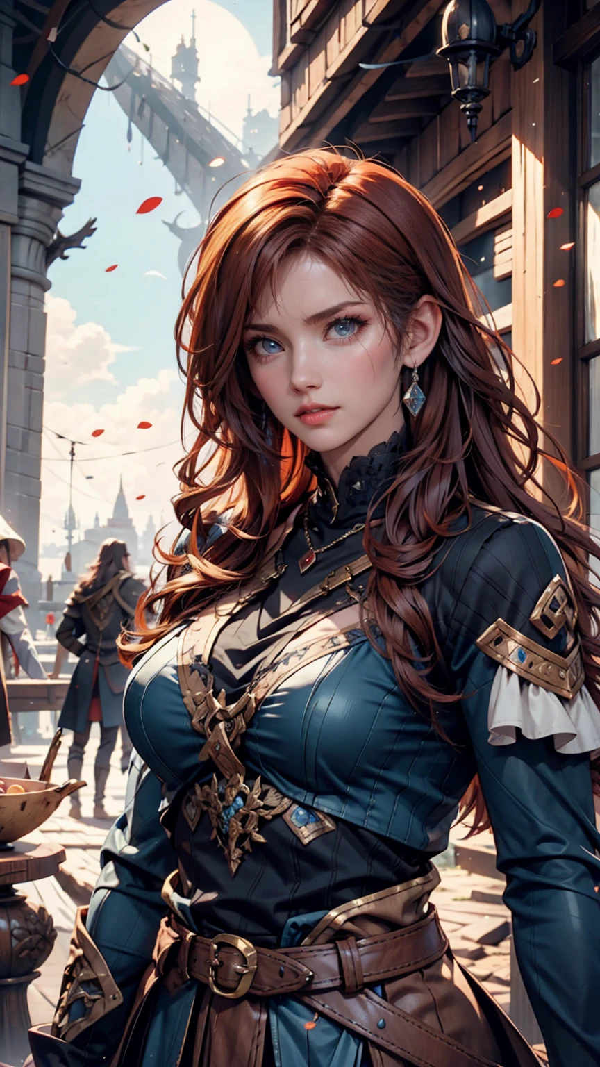 Full medium shot. An ultra hot gorgeous European woman. Age 23. Auburn hair. (Italian:0.6 Swedish:0.8) high quality, highly detailed, illustration, impasto, canvas, oil painting, fantasy, early morning light.