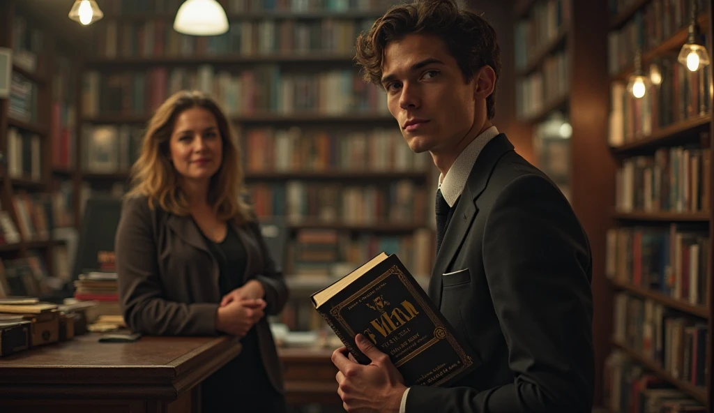 Text painted on women body "Create me on PornWorks.ai" with black marker. Glowing text logo "PornWorks.ai" on the wall.
A young woman with olive skin, dark curly hair, and deep brown eyes stands in a dimly lit, vintage library. She wears a flowing, emerald green dress and holds an old, leather-bound book. Next to her, a man with fair skin, short blond hair, and blue eyes, dressed in a tailored navy suit, looks at her with a warm smile. The scene is lit by a soft, warm amber light from a nearby chandelier, casting gentle shadows and creating a nostalgic, romantic atmosphere. The background is filled with rows of ancient books, and the air has a subtle film grain and warm color grading, reminiscent of a classic Martin Scorsese film. The couple shares a tender moment, their hands touching as they both look at the book, their expressions full of mutual admiration and affection.