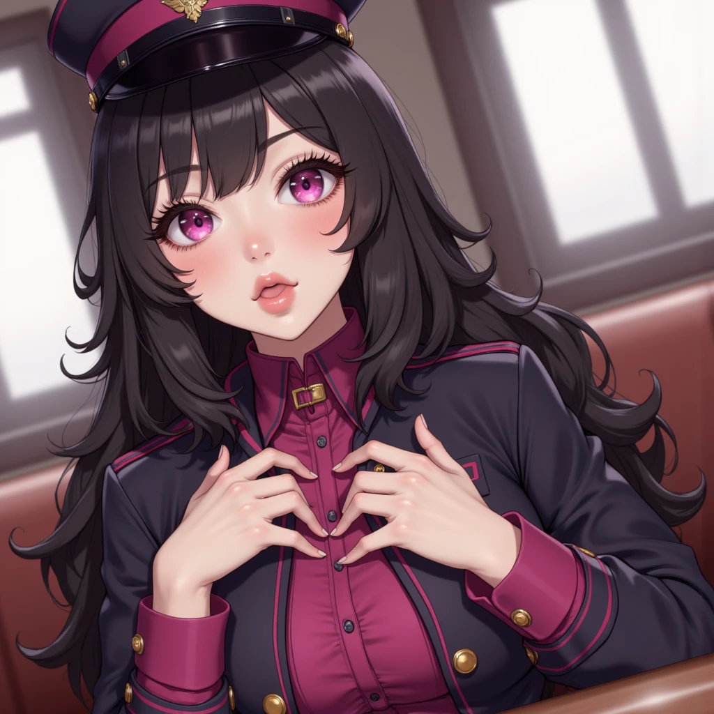 long hair, black hair, pointy ears, anatomically correct, best quality, masterpiece, high quality, high details, highres, HD, (shaded face:1.2), half-closed eyes, hollow eyes, red eyes, looking at viewer, heavy breathing, smirk, (purple lips:1.3), gloves, breasts, 1girl, long_hair, large_breasts, sitting, military, black_gloves, couch, pantyhose, jacket, looking_at_viewer, military_uniform, bangs, indoors, chair, uniform, crossed_legs, long_sleeves, solo
