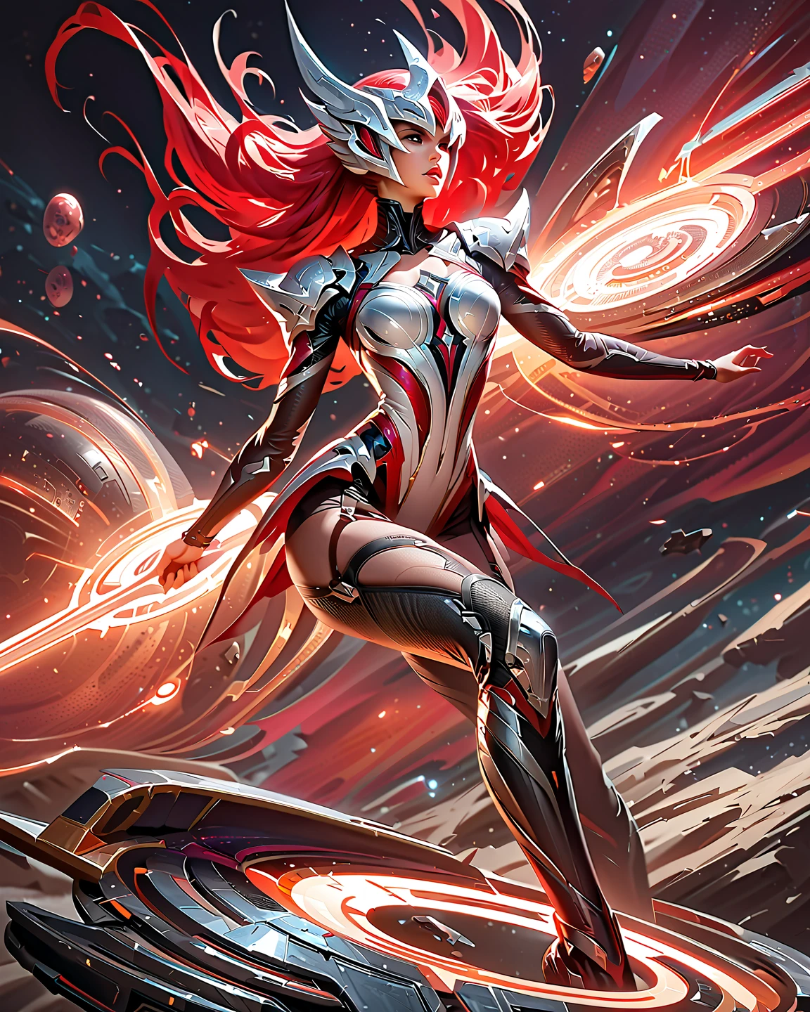 High resolution, super detailed, realistic, vivid colors, bokeh, studio lighting, (Photorealistic stick: 1.2), sharp focus, 1girl, (accurate anatomy body and hands: 1.3), (4 fingers and 1 thumb: 1.4), female cyborg warrior with a desperate look, wide eyes, fighting in space, flying wings on her back, red mech suit, tight body suit, long curly hair, brown hair, messy hair , beautiful face, detailed and perfect face, perfect proportions, big breasts, thin waist, navel, big buttocks, crotch gap, thick thighs, mechanical joints and wing radiation, quiet and dignified, (dynamic pose, pose Changing dynamic angle: 1.3), space, twinkling stars, laser beam, explosion, full moon, depth field: 1.3, blur, gust of wind, blast, large spaceship,