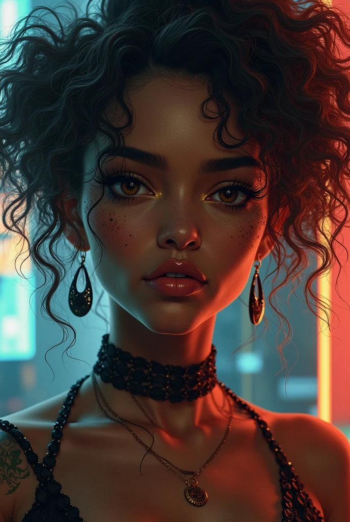 beautiful woman with red-orange hair, Victorian Updo, outlandishly sexy costume design, (full body:1.3), in Brazillian New York City, (dark skin:1.3), warm lighting,saturated colors,high contrast,dramatic lighting