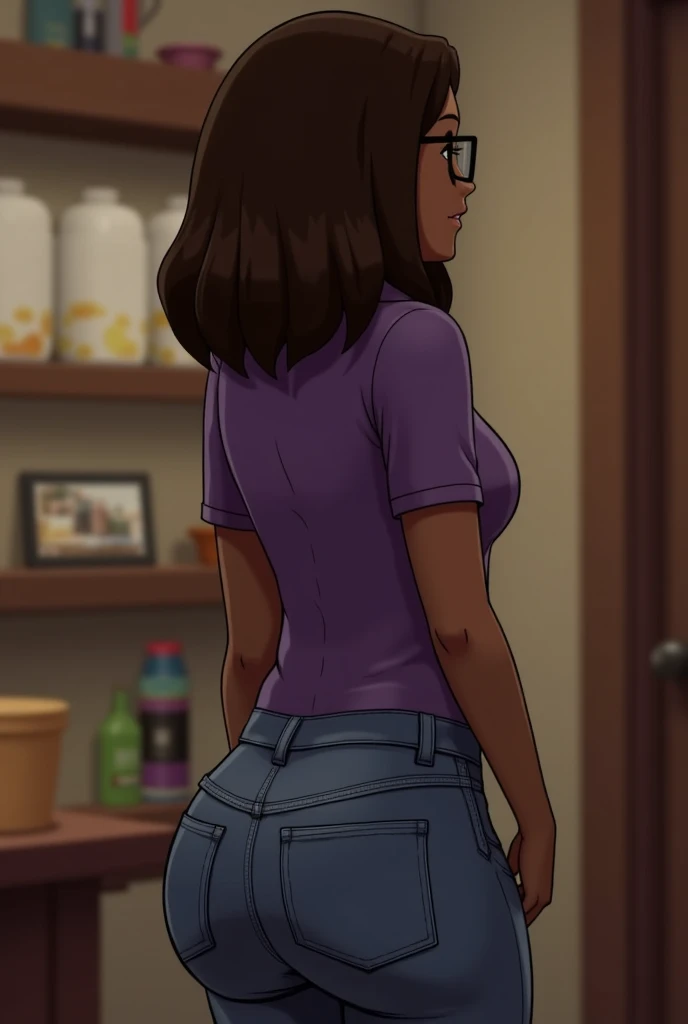 Maru from Stardew Valley. Inside her workshop. Dark skin. Brown hair. Glasses. Slender figure. Purple shirt. Seen from behind. Jean jumpsuit. Pooping herself. Pooping her pants. Big bulge on her butt. photo realistic. Dark