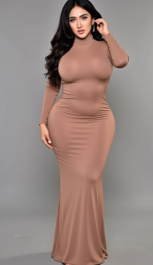 A lady with big ass wearing brown plain long max dress, white background