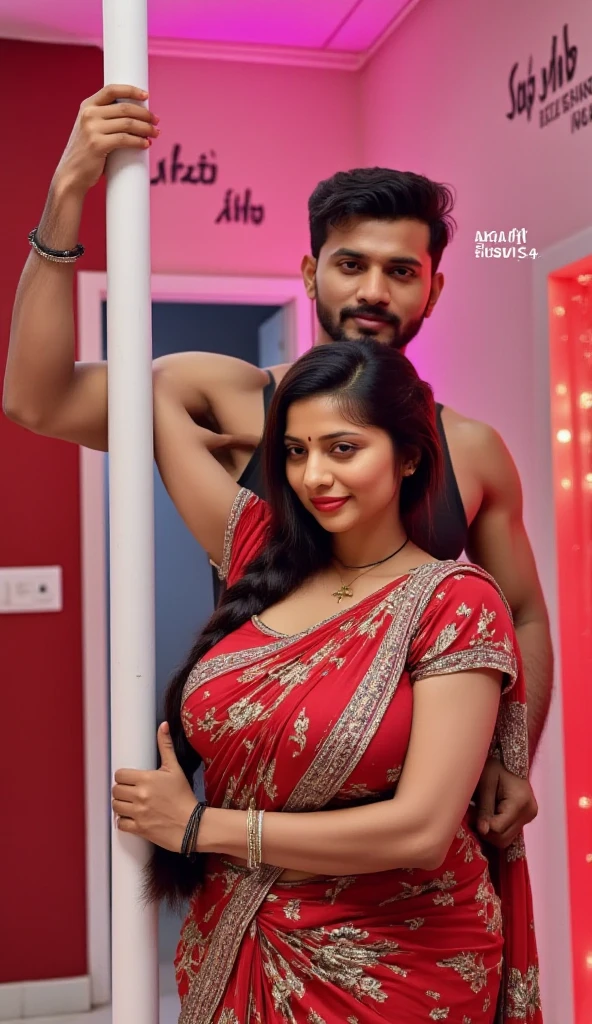 Indian couple selfie pose top angle view, pony tail, big clevage