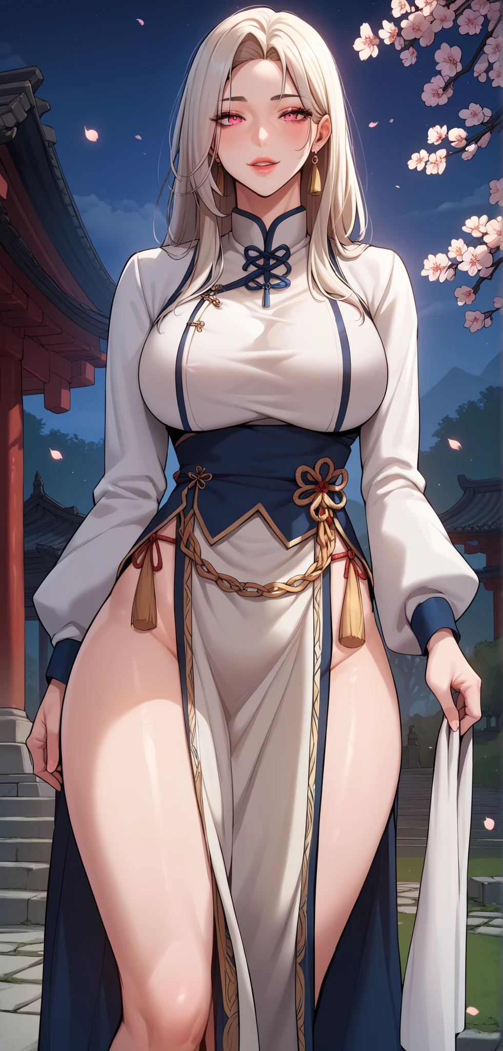 ,score_9, score_8_up, score_7_up, score_6_up, BREAK, night,cherry blossoms,forest,falling petals,
Shan_Qing, Luo_Def, long hair, white hair,long hair, pink eyes, (breasts curtain, pelvis curtain hanging by waist chain, low pelvis curtain, side , middle ), long hair, mature body, seductive expression,(masterpiece)), Highest quality, Very detailed,(One Girl), master piece, best quality, score_9, score_8_up, score_7_up, score_6_up, score_5_up, score_4_up, masterpiece, best quality, very aesthetic, absurdres, Score_9, Score_8_up, Score_7_up, Score_6_up, Score_5_up, Score_4_up, Source_anime, Tag1, Tag2, Best quality, High quality, Detailed, High resolution, 8k, Ultra high res, Soft saturation, Professional quality, Perfect contrast, Perfect lighting, Anatomically correct, Huge breasted, Wide hips, Gargantuan butt, Sensual woman, young female, seductive BREAK Face focus, detailed face focus,(nsfw:1.3, steam:1.3), slutty expression, sexy look,horny face, ancient Chinese buildings in background,
