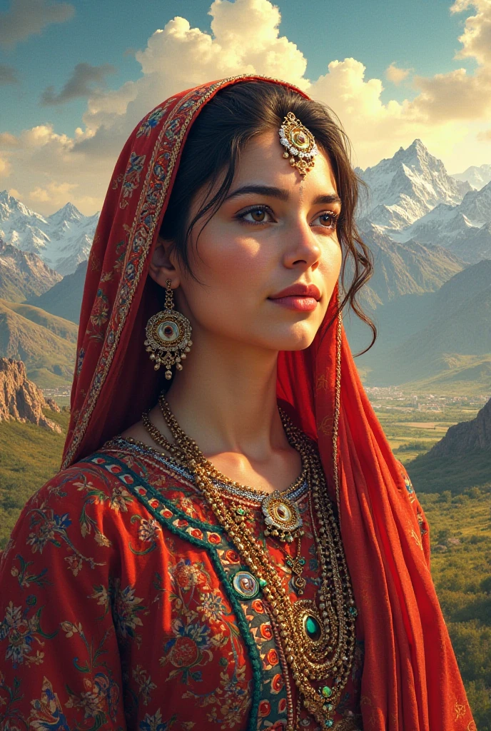 Generate an portrait art of a stunning Hindu woman in a saree against the breathtaking backdrop of the Caucasus Mountains. ((Green eyes)). Use the mountainous landscape to create a sense of majesty and showcase the fusion of cultures.