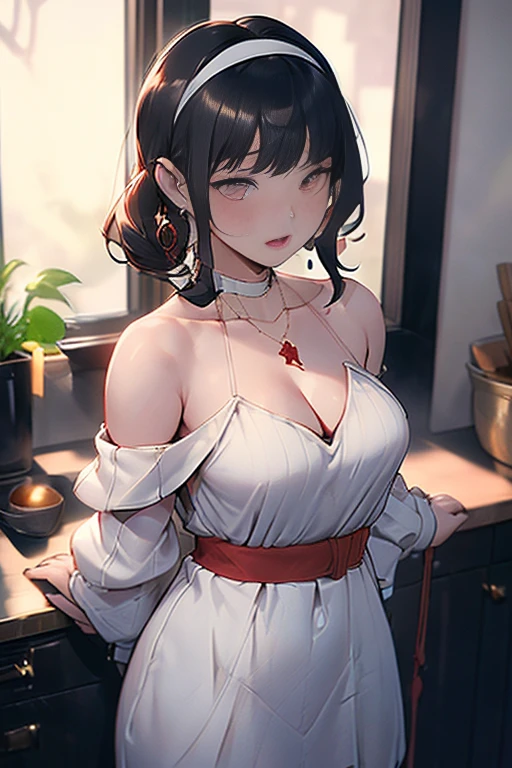 masterpiece, 1girl, Amazing Cleavage:1.3, thin waist, big ass, Raised sexy, medium breast:1.3,posed cleavage:1.2,solo, looking at viewer, open mouth, have a cup of coffee,black hair, red eyes, dress, bare shoulders, jewelry, collarbone, sidelocks, hairband, earrings, indoors, off shoulder, :o, sweater, arms behind back, plant, short hair with long locks, white hairband, off-shoulder dress, sweater dress, off-shoulder sweater, red sweater, big side hair, very long side hair,is rendered in (masterpiece: 1.2, best quality), with (ultra high resolution) and an exquisite (depth of field). This masterpiece is not only visually stunning but also tells, make of cooking some cakes ,in the kitchen