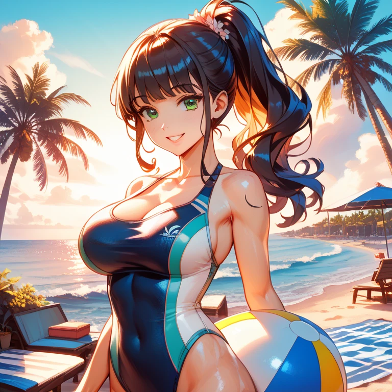 high resolution、Ultra HD、Best Quality、Top quality、Extremely detailed image quality、Realistic woman、A big smile、(1girl:1.8)、(looking straight:1.8), Japanese、Peaceful face、milf 、Plump body、belly button、Black Hair、long、Shiny skin、Skin that is very shiny after applying oil、High gloss skin、Facing forward、The whole body is reflected、(seascape:1.6)、stretch、Woman wearing(The description of Competition swimwear:1.5), (One piece swimsuit:1.2), (High leg swimsuit:1.5), High leg panties, (Bursting huge breasts、Valley、Shiny skin、radiant skin、Glowing Skin、High gloss skin:1.4)、