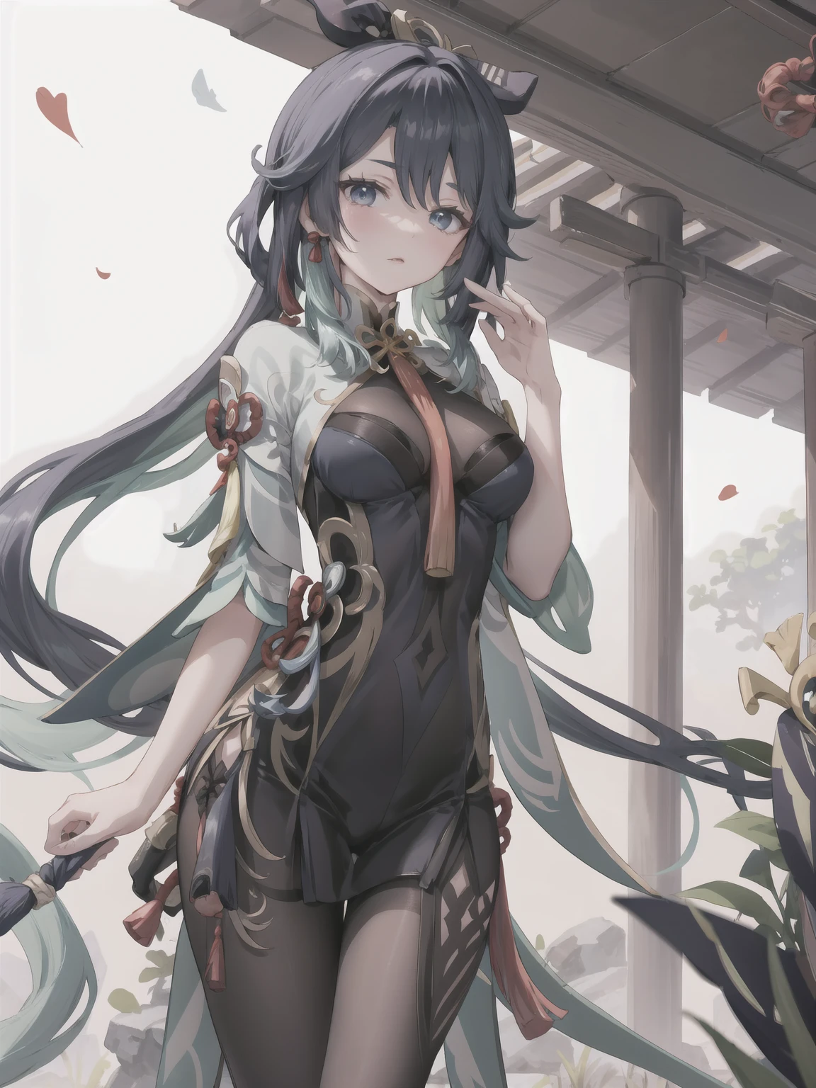 Anime Girl with long thin hair in 2 pigtails and blue ties, anime girl with black hair, off shoulder, Using a white blue cheongsam, blue stocking, Kicking style, Outside the traditional Chinese house, blue eyes, masterpiece, UHD, Big eyes