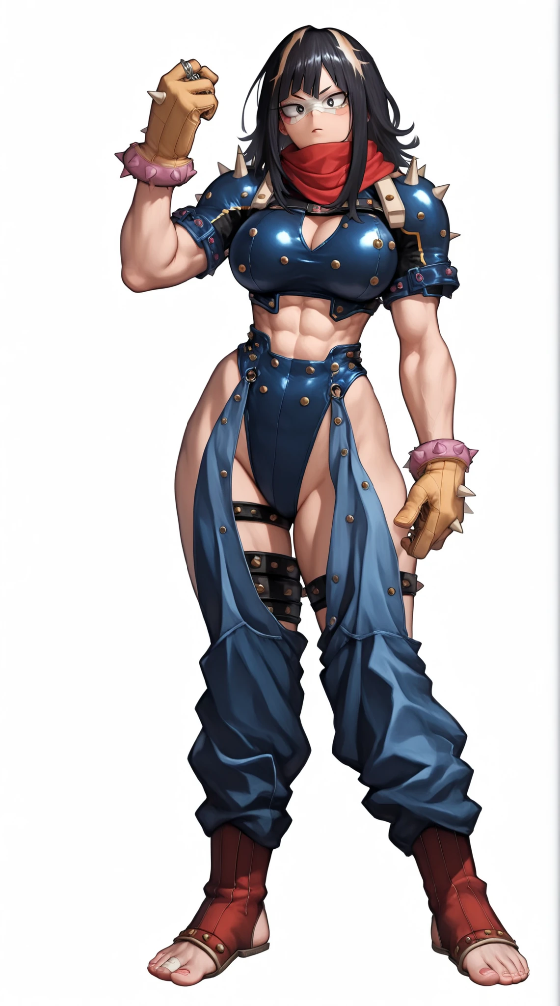(Masterpiece, grey background:1.2) full body standing straight symmetrical looking to the viewer, view from below, far shot, cow boy shot, purple skin, drow, elf, 1girl, mature, purple eyes, pinched eyes, short silver white hair cut (yellow tiger bikini print long sleeves and long stockings) abs, navel, big knockers, tatter rags, leather choker, chain collar, stomach tattoo (red tattoo) hands on hips, wide hips, thick thighs, metal sandals