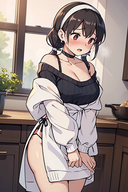 (dynamic angle:1.3, from front:1.1, breast focus:1.3, from below:1.2), (dynamic posing:1.5, sexy posing:1.3, leaning forward), (seductive smiling:1.3),masterpiece, 1girl, pointed chest:1.3,(double breasted:1.2,under bust:1.2), Amazing Cleavage:1.3, thin waist, big ass, Raised sexy, small breast: 1.2 posed cleavage:1.1, looking at viewer, open mouth, black hair, brown eyes, bare shoulders:1.2, collarbone, sidelocks, hairband, sapphire earrings, indoors, red off shoulder sweater dress, arms behind back, short hair with long locks, blue gold hairband, big side hair, very long side hair is rendered in (masterpiece: 1.2, best quality), with (ultra high resolution) and an exquisite (depth of field). This masterpiece is not only visually stunning but also tells,A scene of cooking in the kitchen