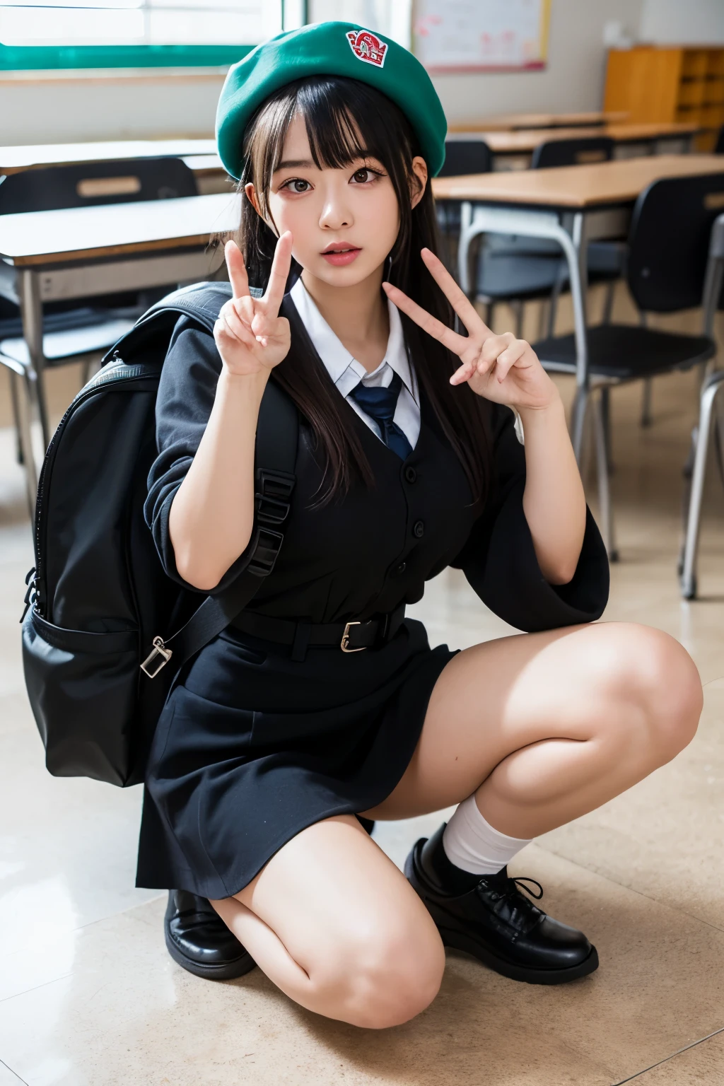 Ultra-realistic, Wide Shot, 1. woman, Japanese , Twin tails, big, A sharp gaze shines, Long eyelashes,Imabari Higashi High School blazer uniform,Light blue ribbon, Checked mini skirt, White calf socks and white sneakers, Holding a pair of black Puma underwear、, Chiaki Kuriyama, Gogo Yubari, Kill Bill, indoor, Bokeh effect, Written boundary depth, Ultra-realistic, Professional photography, Cinema Lighting