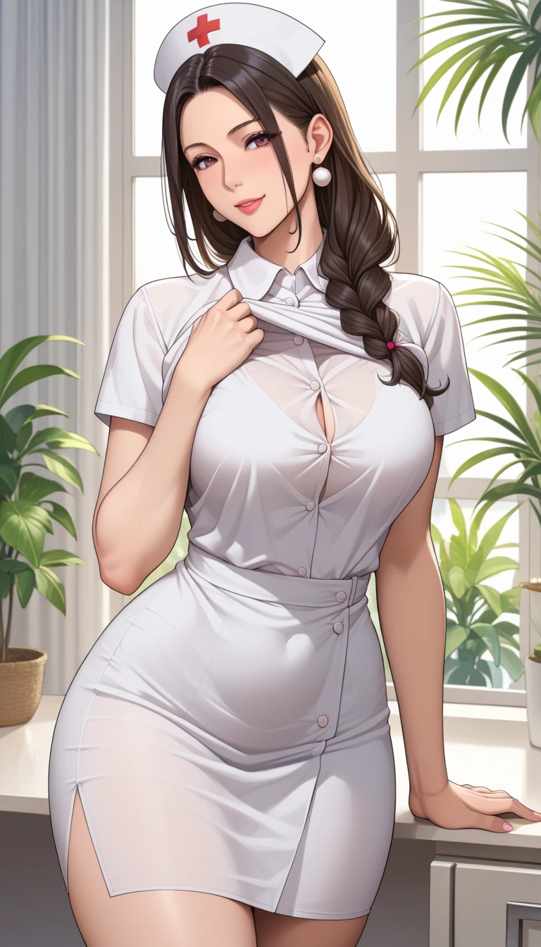 Nurse uniform,Nurse hat, Black Hair, Green Eyes ,permanent, Hospital, Become a, 15 years old, best quality, , , Blocking the toe bones, undeclothing,Blue Dress,Arm, clothing, Scrub