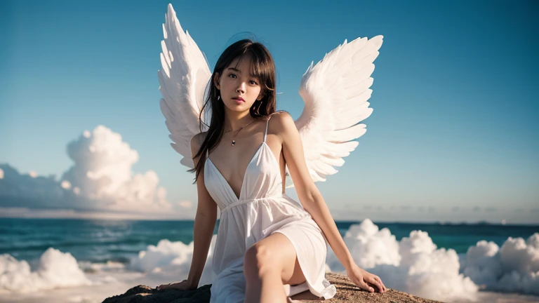 (((muste piece、highest quality、extremely complex and detailed depiction)))、((Very beautiful angel queen、motherのような微笑み、mother、Beautiful smile、Final Form as the Perfect Angel、god々々、king of angels、The most dignified angel、an angel soars from the sky、Graceful and classy pose、beautiful blue sky background、背景の青い空とギリシャgod殿、detailed clouds、The control is、god聖な柔らかな光に包まれた天使たち、god聖な逆光、angels descending from the blue sky、nsfw,navel,naked,full body photo、very noble、Sophisticated、first class、Against the backdrop of a beautiful sky、Full body composition viewed from below、An angel descended from the sky、 first class necklace、artistic decoration、the most solemn form of an angel,The most intricately drawn angel figure,angel with a clear glow、god々々emits a bright white glow、holy and full of complex brilliance、the most beautiful in the world、unimaginable beauty、holy atmosphere、Accurate reproduction of every detail of a perfect angel、Gorgeous angel beyond imagination、An unimaginably huge angel)、((the most beautiful face、half japanese and half spanish、mother性的な優しさの微笑み、beautiful wavy hair、Staring at the camera、muste piece、8K、very complex and super detailed))
