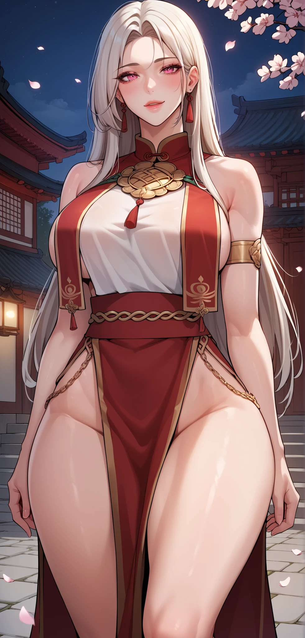 ,score_9, score_8_up, score_7_up, score_6_up, BREAK, night,cherry blossoms,forest,falling petals,
Shan_Qing, Luo_Def, long hair, white hair,long hair, pink eyes, (breasts curtain, pelvis curtain hanging by waist chain, low pelvis curtain, middle opening, almost naked, minimum clothes,,), long hair, mature body, seductive expression,(masterpiece)), Highest quality, Very detailed,(One Girl), master piece, best quality, score_9, score_8_up, score_7_up, score_6_up, score_5_up, score_4_up, masterpiece, best quality, very aesthetic, absurdres, Score_9, Score_8_up, Score_7_up, Score_6_up, Score_5_up, Score_4_up, Source_anime, Tag1, Tag2, Best quality, High quality, Detailed, High resolution, 8k, Ultra high res, Soft saturation, Professional quality, Perfect contrast, Perfect lighting, Anatomically correct, Huge breasted, Wide hips, Gargantuan butt, Sensual woman, young female, seductive BREAK Face focus, detailed face focus,(nsfw:1.3, steam:1.3), slutty expression, sexy look,horny face, ancient Chinese buildings in background,