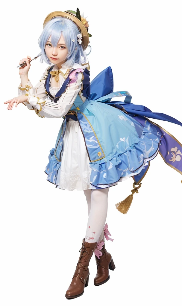 Qiqi, genshin impact, liyue, female, gradient light purple hair, burgundy eyes, light purple outer, dark purple inner, burgundy cape, white stocking, black shoes with burgundy plushes, white beads necklace with burgundy ribbon, dark purple hat with gold vampire seal white tip on top burgundy ribbon