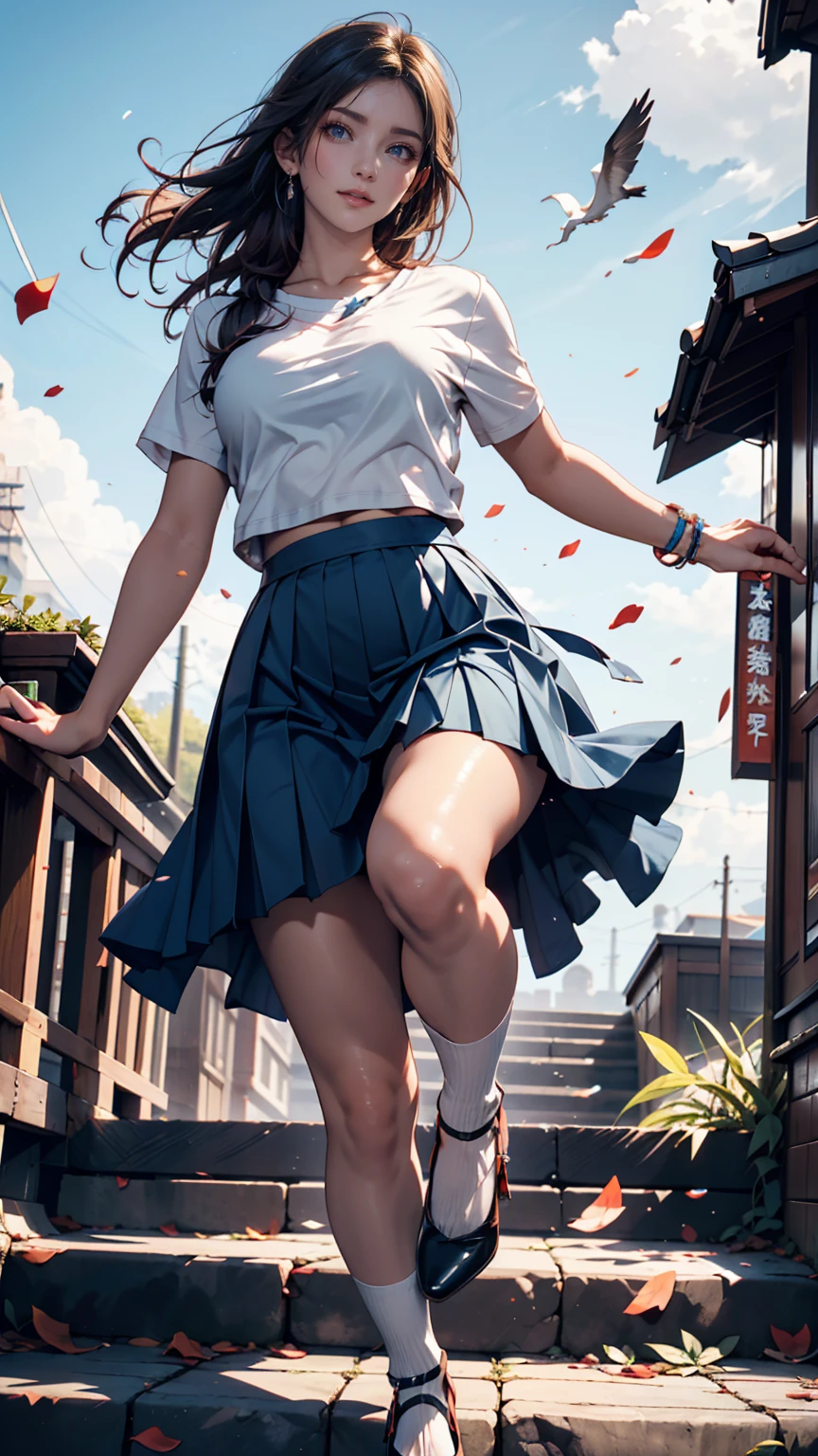 1womanl,Brown hair,Red ribbons ,((Impatient expression)),Beautiful breasts,White shirt,Red dress,well-styled,,(Facing the front)(((Blushing cheeks、embarassed expression)),(((The skirt is rolled up by the wind)))