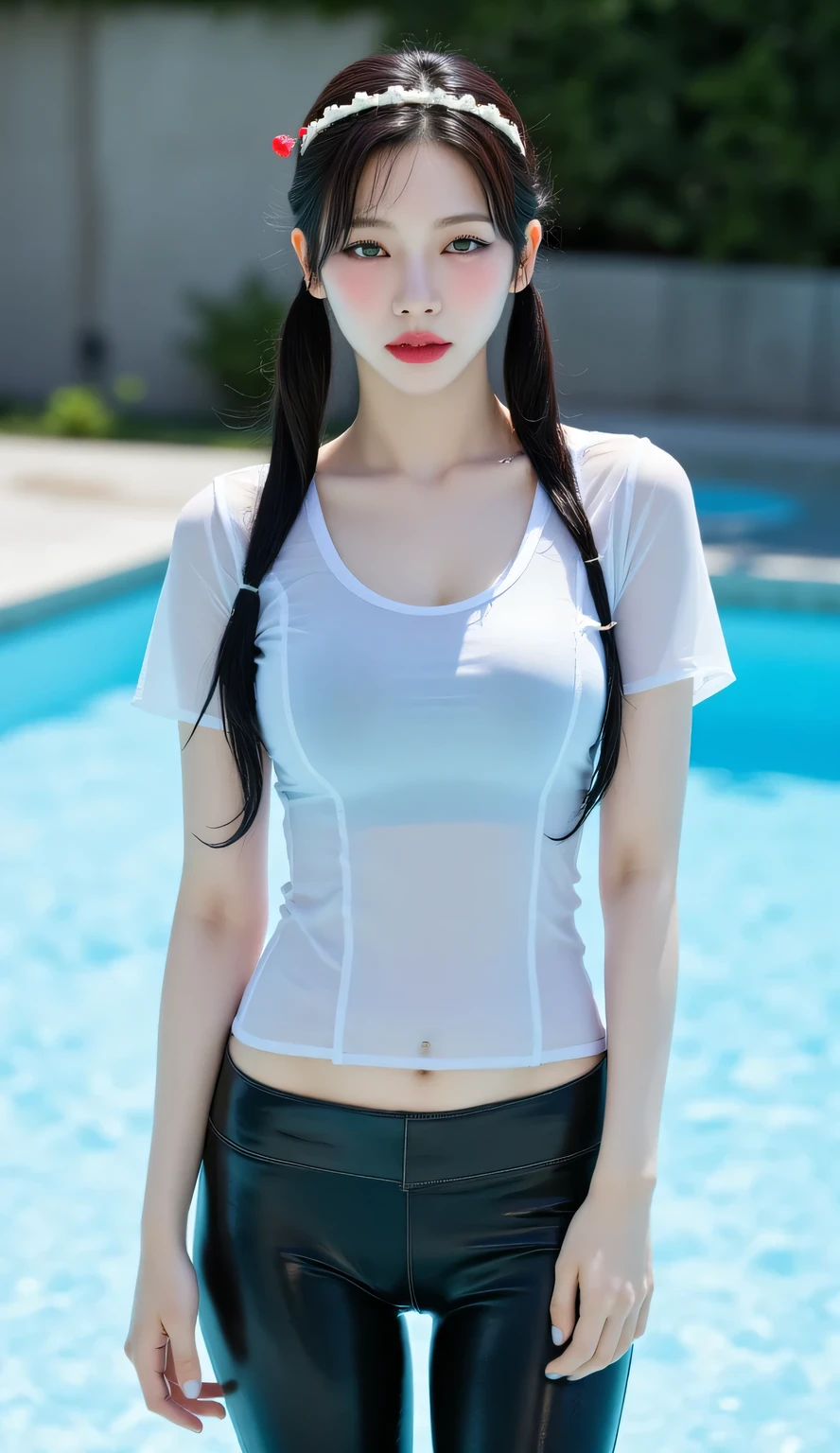 (Japanese),(26 years old), (Slender woman), (beautiful breasts),double eyelid,natural makeup,thin lips,laugh,black hair,(She's in a nature park overlooking the river),(That person has big breasts),(My chest is pointy and pointy.), (((She wears a tight black t-shirt))), ((I'm wearing light blue leggings.)), (realistic), (ray tracing), (sharp focus), clavicle, (detailed face), Natural and realistic skin texture, soft face,((complete anatomy:1.4)),(A glance at her slim body:1.3),(fit clothes、A sweaty and damp t-shirt、Leggings that fit snugly over the genitals and buttocks),((look at her straight ahead、see her below)),(Leggings that dig into a woman's genitals), Long legs stand out, white sneakers,