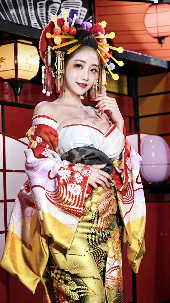 32k Ultra HD, Digital SLR,Film Grain, Fujifilm XT3,(Highest quality:1.3), (masterpiece:1.1), High resolution, Cinematic Light, Intricate details, (Realistic) (Night view) Realistic backlight、Dramatic reddish light、Beautiful Japanese young Geisha full body photo, ((Facial texture Pore details)), Grin、Devilish smile, Simple messy hairstyle, She wears a black satin kimono decorated with traditional dragon motifs.., Open shoulders, Colorful dragon tattoos all over the body, Has a long blade, Long-bladed Japan sword in hand,Inside a traditional villa, 32K, Front blur, beautiful girl,Small breasts,Are thin,Small Ass,Small waist,Slim legs and thighs,Flat Chest,Flat hips,The kimono is a traditional design with subdued colors.,
