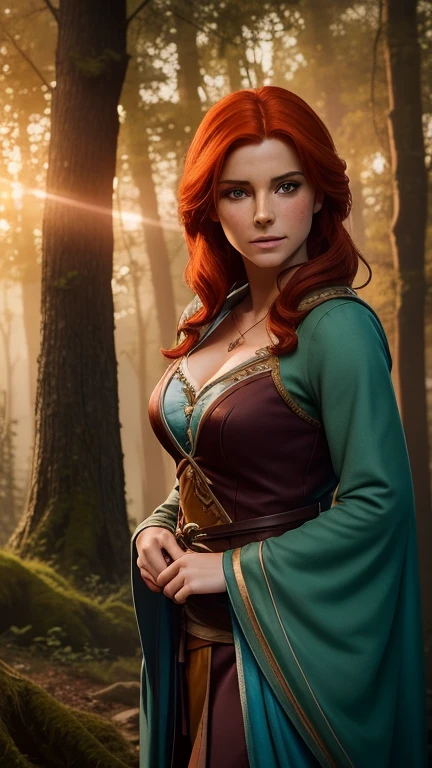 masterpiece, ((ultra detailed background, delicate pattern, intricate detail)), (highly detailed, fine details), best quality, beautiful lighting, ((medium breasts, slim girl)), MereoleonaVermillion, 1girl, solo, orange hair, smile, blue eyes, cape, open mouth, makeup, grin, fire, (cowboy shot), complex detailed background, inside, castle room environment, medieval castle, gray walls, window, bookshelf, upper body